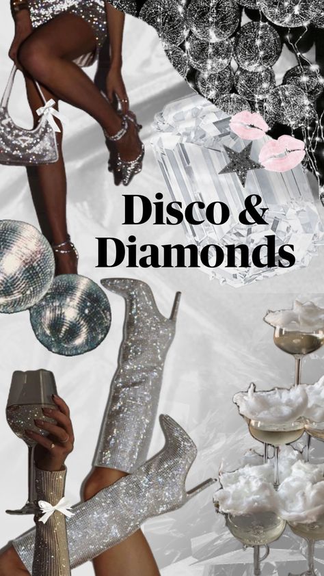 #nyeinspo #nye #silver #silveraesthetic #champagne #bacheloretteinspo #bachelorettetheme #partytheme #disco #diamonds #glam #glitter #sparkle Glitz And Glamour Party, Bachelorette Inspo, Champagne Birthday, Disco Birthday Party, Glamour Party, Disco Glam, 40 & Fabulous, Diamond Party, Disco Theme