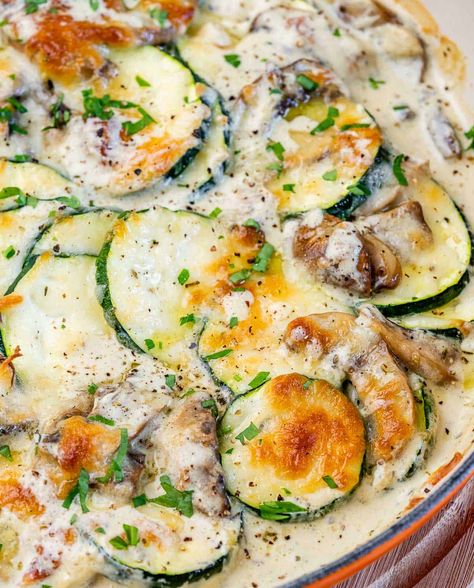 Our Creamy Mushroom and Zucchini Skillet is perfect for any dinner and occasion! This one-pan-side dish pairs well with a variety of mains! Smoked Sweet Potatoes, Mushroom Zucchini Recipe, Baked Veggies Recipes, Grilled Italian Chicken, Zucchini Skillet, Herbed Potato Salad, Mushroom Recipes Healthy, Sweet Potato Recipes Healthy, Sweet Potatoes Recipe