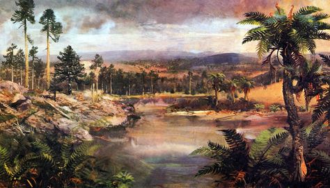 Prehistoric landscape Prehistoric Landscape, Jurassic Period, Prehistoric World, Prehistoric Art, Paleo Art, Dinosaur Art, Common Themes, Prehistoric Animals, Landscape Illustration