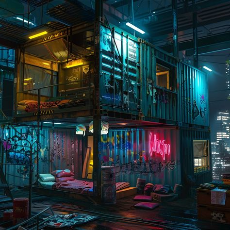 Dystopian Apartment Building, Cyberpunk Slums Concept Art, Apocalypse House Aesthetic, Underground Cyberpunk City, Dystopian City Slums, Cyberpunk World Aesthetic, Cyberpunk City Slums, Cyberpunk Story Ideas, Inner City Aesthetic