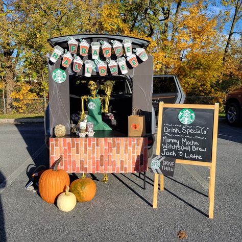 Trunk Or Treat Ideas Starbucks, Easy Last Minute Trunk Or Treat Ideas, Coffee Trunk Or Treat, Candy Shop Trunk Or Treat Ideas, Truck And Treat Ideas, Tesla Trunk Or Treat Ideas, Coffee Shop Trunk Or Treat, Unique Trunk Or Treat Ideas For Cars, Starbucks Drive Thru Trunk Or Treat