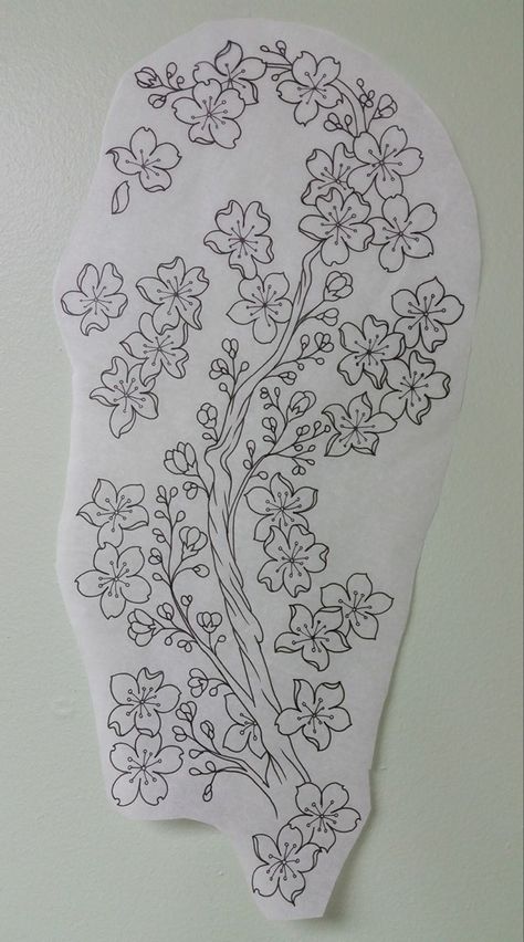 Flower Tattoo Over Shoulder, Butterfly And Flower Tattoo Shoulder, Fine Line Cherry Blossom Tattoo Design, Cherry Blossom Stomach Tattoo, Elegant Tattoo Designs, Inside Of Knee Tattoo, Cherry Blossom Tree Outline, Filler Tattoo Ideas Gap Flowers, Cherry Blossom Tree Stencil