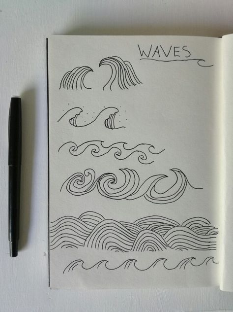 Waves Journal Ideas, Wave Doodle Art, Sea Doodles Waves, Painting On Journal Cover, Wave Doodle Simple, Beachy Doodles Easy, How To Draw Ocean Waves, Water Doodle Art, Beach Journal Ideas