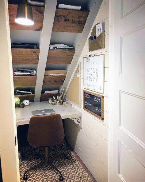 Stunning Home Office for Small Space #homeofficeideas #homeofficedesign #smallspaces #redobasement Closet Office Ideas Small, Closet Office Ideas, Small Work Space, Office Under Stairs, Closet Under Stairs, تحت الدرج, Tiny Home Office, Attic Office, Home Office Closet