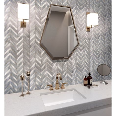 No matter what space you add this chevron tile to, it is sure to bring the drama! Presented in a bold grey and crisp white color, the zigzag pattern demands more than a fair share of attention. Stone Mosaic Floor, Grey Marble Tile, Chevron Tile, Bath Tile, Marble Tile Floor, Marble Mosaic Tiles, Zigzag Pattern, Marble Wall, Marble Tile