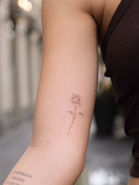 30 Beautiful Rose Tattoo Ideas for Women - Flymeso Blog Rose Tattoo Dainty, Dainty Rose Tattoo Arm, Small Rose With Stem Tattoo, Rose Flower Tattoo, Dainty Rose Tattoo Simple, Small Rose Line Tattoo, Unique Rose Tattoo, Dainty Flower Tattoos, Simple Rose Tattoo