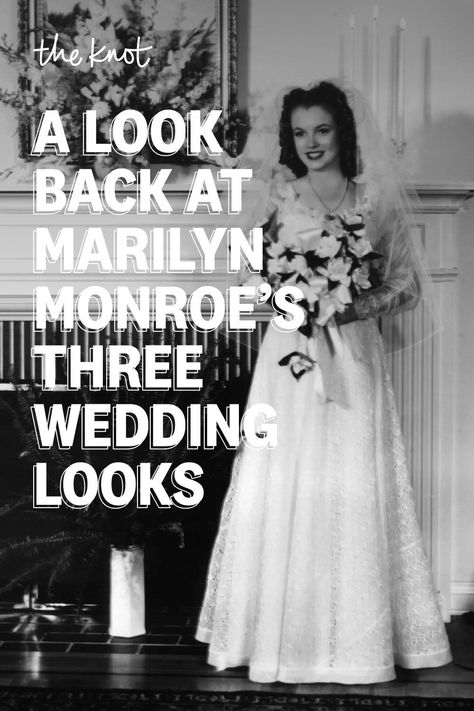 The bombshell bride knew how to accentuate her curves with each wedding look. Marilyn Monroe Wedding Dress, Old Hollywood Glamour Wedding Dress, Vintage Glam Wedding Dress Old Hollywood Glamour, 1930s Bride, Vintage Wedding Gowns, Hollywood Glam Wedding Dress, Old Hollywood Glam Dresses, Lana Del Rey In A Wedding Dress, Old Hollywood Wedding Dress