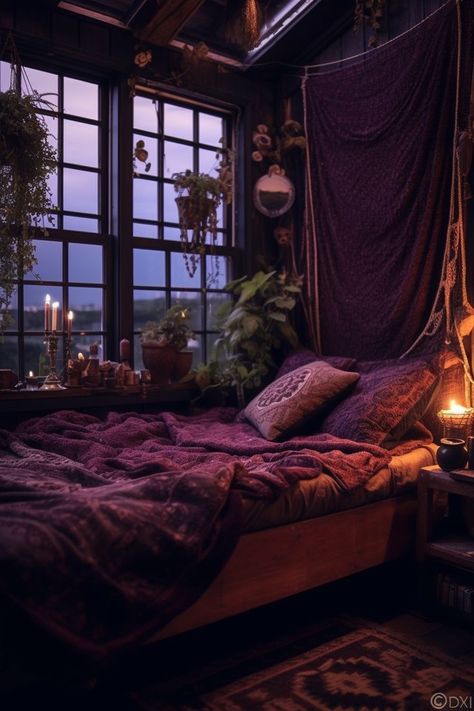 Witchy Bedroom Ideas, Witchy Bedroom, Romantic Bedroom Design, Goth Bedroom, Bedroom Ideas Romantic, Purple Bedrooms, Bedroom Ambiance, Purple Bedroom, Dark Bedroom