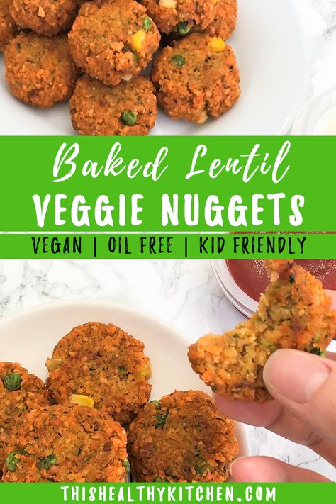 Are you looking for healthy kid friendly recipes? Learn how to make this easy, baked veggie nuggets recipe that you and your picky eaters will love. These tasty bites have protein dense lentils and tons of vegetables like zucchini, carrots and peas. Bonus, they are vegan, dairy free and perfect for dipping. Lentils Recipe Blw, Blw Lentils, Lentil Toddler Recipes, Lentil Snack Recipes, Baby Lentil Recipe, Healthy Kid Friendly Recipes, Toddler Friendly Dinners, Vegetarian Toddler Meals, Vegan Blw