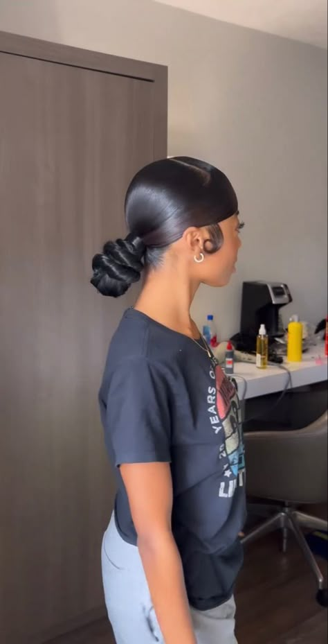 Sleek Bun With Weave, Side Part Swoop Braided Ponytail, Swoop With A Bun, Slick Back Bun With Extensions, Slick Back Knot Bun With Swoop, Swoop Back Bun, Cute Simple Hairstyles With Weave, Sleek Ponytails For Black Women, Slick Up Ponytail