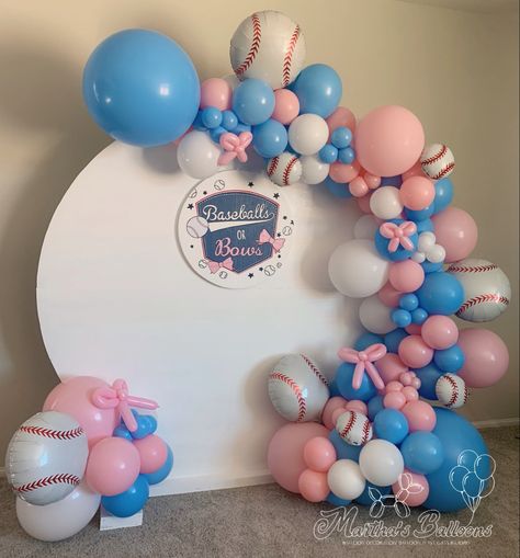 Bows Or Balls Gender Reveal, Baseballs And Bows Gender Reveal Decorations, Sporty Gender Reveal Ideas, Sport Gender Reveal, Baseball Vs Bows Gender Reveal, Gender Reveal Ideas Baseball Theme, Gender Reveal Ideas Baseball And Bows, Baseball Or Ballet Gender Reveal, Baseball Themed Gender Reveal Party