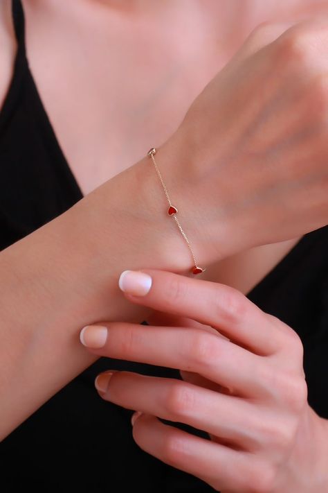 Buy 14K Solid Gold Sequential Heart Bracelet / Enamel Bracelet / Online in India - Etsy Dainty Heart Bracelet, Red Heart Bracelet, Minimalist Accessories Jewellery, Heart Bracelet Gold, Minimalist Accessories, Indian Jewellery Design Earrings, Gold Armband, What To Write, Jewelry Accessories Ideas