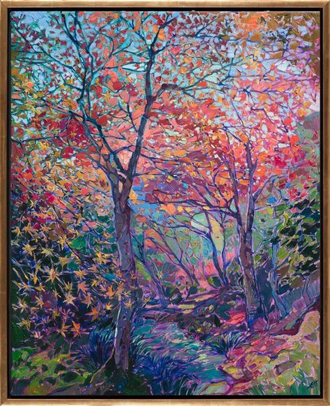 Beautiful oil painting of autumn maple trees in Japan by Erin Hanson framed in a gold floater frame Tree Drawing Watercolor, Maple Tree Drawing, Open Impressionism, Erin Hansen, Boom Kunst, Peisaj Abstract, Temple Gardens, Erin Hanson, Japanese Maples