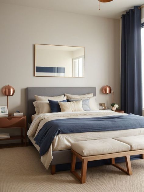 Create a soothing beige bedroom with an eye-catching accent wall in a bold color like navy blue or deep gray. Pair it with a sleek and minimalist wooden platform bed and add pops of color with vibrant artwork and copper or gold accents. Beige Accent Wall, Navy Bedroom Walls, Navy Gold Bedroom, Beige Walls Bedroom, Blue And Gold Bedroom, Beige Wall Colors, Blue Gray Bedroom, Navy Bedrooms, Tiny House Interior Design