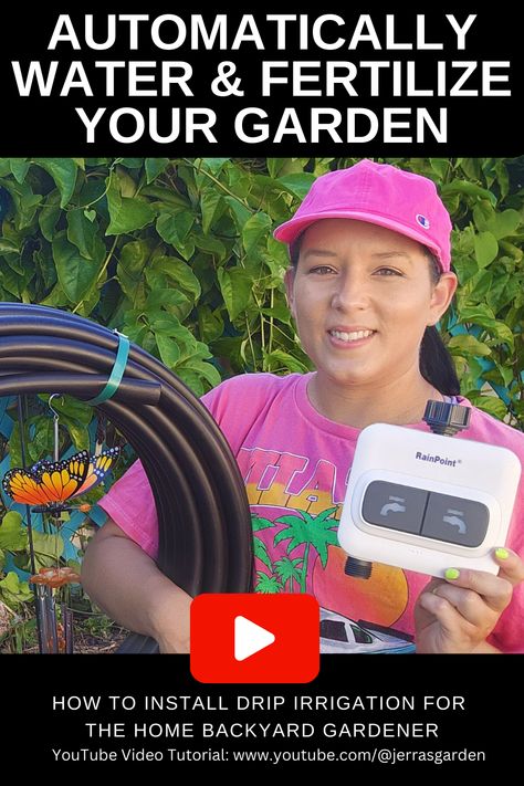 See how I installed drip irrigation to automatically water and fertilize my home backyard garden. This was such an easy DIY garden project that I was able to do it by myself and no tools required. All supplies used including the drip irrigation kit is listed in the YouTube video description. #dripirrigation #garden #DIY #irrigation #tutorial Diy Irrigation, Drip Irrigation Diy, Drip Irrigation Kit, Home Backyard, Drip Irrigation System, Drip Irrigation, Diy Garden Projects, Garden Irrigation, Garden Tips