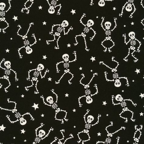 Glow-O-Ween by Kanvas Studio is a bright and fun Halloween collection with adorable, spooky designs! Not only does this collection feature adorable Halloween prints, but these patterns also glow in the dark! This fabric features dancing white skeletons with tossed ditzy stars on a black background. Width: 43"/44" Material: 100% Cotton Swatch Size: 8" x 8" Spooky Pattern, Halloween Glow In The Dark, Skeleton Pattern, Site Sign, Spooky Designs, Shabby Fabrics, Halloween Aesthetic, Halloween Fabric, Halloween Patterns