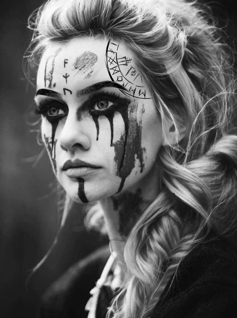 Nordic Face Tattoo, Viking Woman Tattoo Design, Viking Shield Maiden Tattoo, Viking Women Tattoo, Viking Girl Tattoo, Female Viking Tattoo, Viking Face Tattoo, Warrior Girl Tattoo, Viking Woman Tattoo