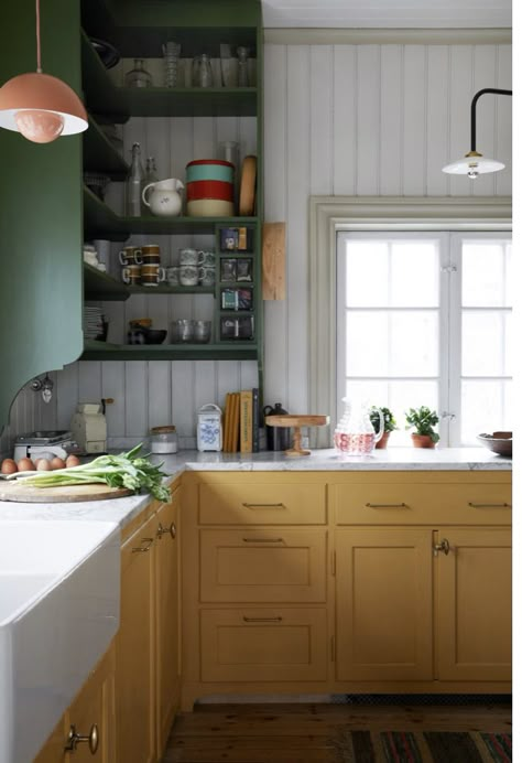 Yellow Kitchen Cabinets, Bungalow Kitchen, Kitchen Refresh, Kitschy Kitchen, Cabin Kitchens, Yellow Kitchen, Kitchen Dinning, Kitchen Extension, Kitchen Redo