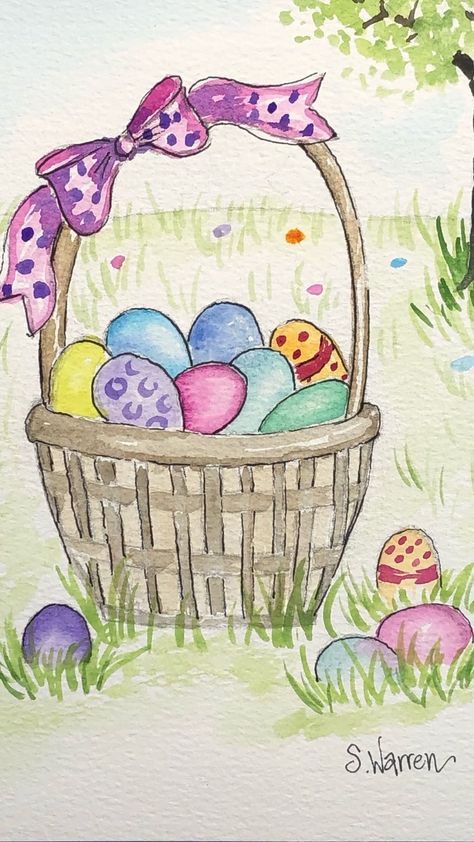 Easter Basket Painting, Easter Basket Drawing, Book Sketches, Grass Meadow, Grass Drawing, Watercolor Abstract Painting, Easter Drawings, Basket Drawing, Colorful Eggs