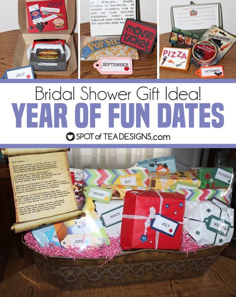 Year of Fun Dates Bridal Shower Gift - open one gift each month for their first month of marriage | spotofteadesigns.com Bridal Shower Gift Wrapping Ideas, Bridal Shower Gifts For Guests, Inexpensive Bridal Shower Gifts, Shower Gifts For Guests, Funny Bridal Shower Gifts, Creative Bridal Shower Gifts, Diy Bridal Shower Gifts, Bridal Shower Gift Bags, Fun Dates