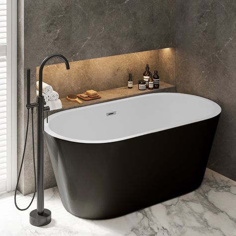 Black Bathtub Bathroom, Black Freestanding Tub, Soaking Tubs Master Bath, Black Tile Bathrooms, Black Bathtub, Black Tub, Standing Tub, Freestanding Bathtubs, Modern Bathtub