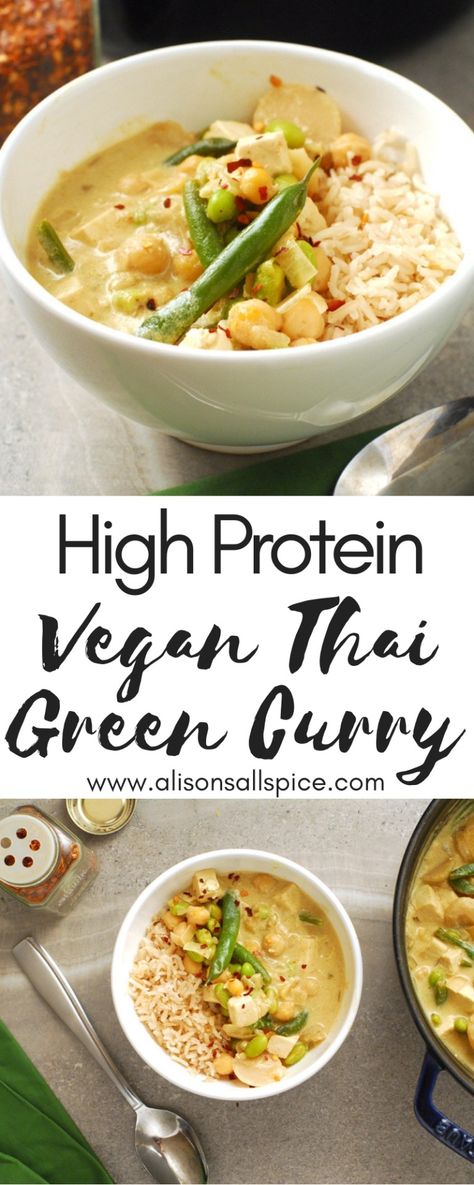 Green Curry Vegan, Vegan Thai Green Curry, Recipe Tofu, Chickpea Recipe, Thai Green Curry, High Protein Vegan Recipes, High Protein Vegan, Chickpea Recipes, Green Bean Recipes