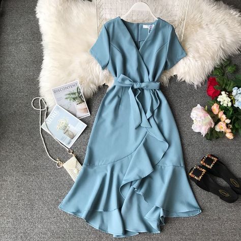 Ruffle Dress Casual, Party Women, غرفة ملابس, Midi Wrap Dress, Long Midi Dress, Elegant Dresses For Women, Vestidos Vintage, Dresses Elegant, Party Dress Long