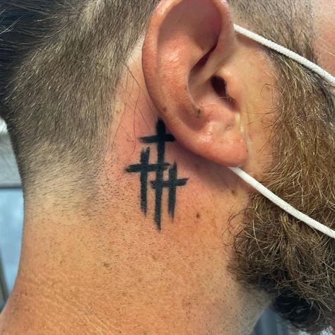 Cross Under Ear Tattoo, Tattoo Designs Men Behind Ear, Cross Tat Behind Ear, 3 Crosses On Neck Tattoo, Three Cross Tattoos For Men, Tattoo Behind The Ear Men, Cool Bible Tattoos, Behind The Ear, Small Behind The Ear Tattoo Ideas Men