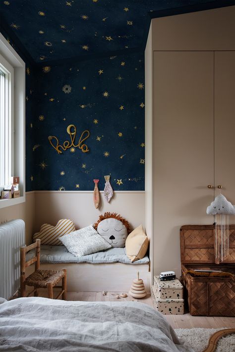 Night Sky Nursery, Starry Ceiling, Night Nursery, Sky Nursery, Star Bedroom, Sky Ceiling, Sandberg Wallpaper, Kids Bedroom Inspiration, Space Nursery