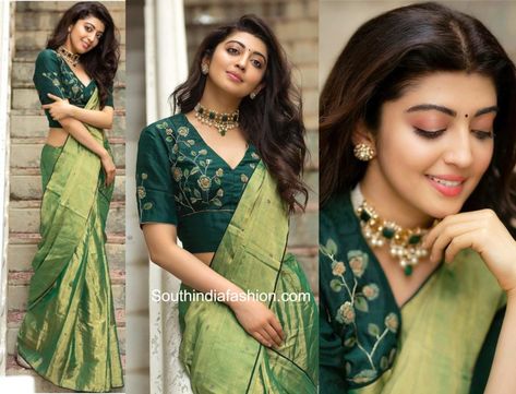 V Neck Blouse For Silk Saree, Green Saree Blouse Ideas, V Neck Blouse Jewellery Ideas, High V Neck Blouse Designs, Jewellery For V Neck Blouse, Necklace For V Neck Blouse, Blouse Designs Latest V Neck, V Neck Blouse Designs Saree, Crape Saree Blouse Designs