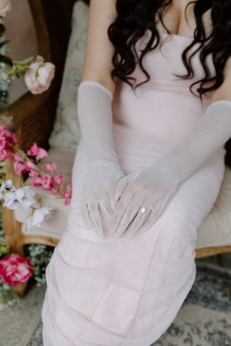 Pink dress | pink gloves | engagment ring | Bridal Shower Outfit Hand Socks, Gown Pink, Pink Gloves, Bridal Shower Outfit, Pink Wedding, Dress Pink, Pink Dress, Bridal Shower, Gloves