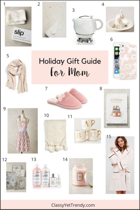 Holiday Gift Guide: For Mom - the perfect Christmas presents ideas - robe, plush throw, teapot, spa set perfume, slippers, necklace, candle, pillow cover, apron, cookbook. Christmas Presents Ideas, Christmas Presents For Moms, Mom Gift Guide, Presents Ideas, Classy Yet Trendy, Christmas Gift Basket Ideas, Diy Gifts For Mom, Unique Gifts For Mom, Diy Holiday Gifts