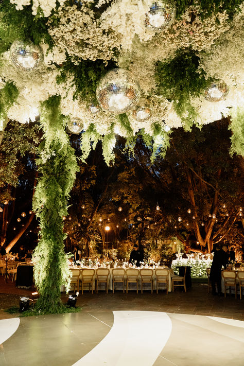 disco balls and grenery wedding trends Disco Balls And Chandeliers Wedding, Disco Ball And Greenery, 2026 Wedding Trends, Jungle Disco Wedding, Disco Balls Wedding, Hanging Wedding Flowers, Disco Ball Wedding Decor, Wedding Disco Ball, Disco Ball Wedding