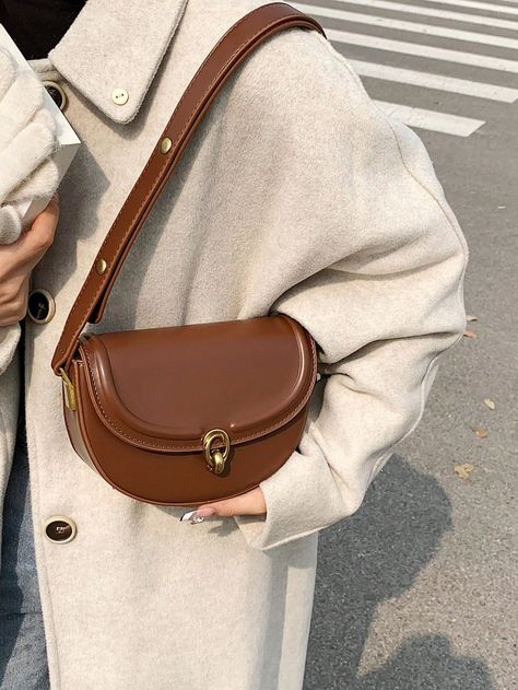 Women Solid Color Faux Leather Underarm Pouch, Casual Crossbody Bag Brown Elegant   PU Leather Plain Saddle Bag   Women Bags, size features are:Bust: ,Length: ,Sleeve Length: