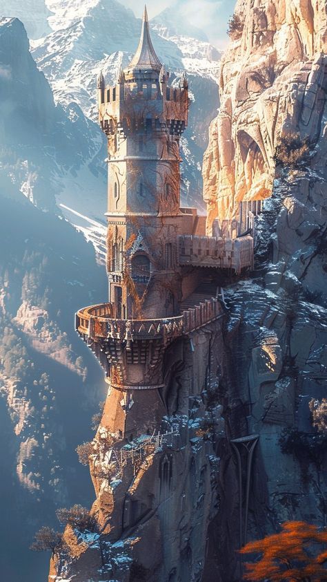 Castles On Mountains, Castle Carved Into Mountain, Fantasy Tower Design, High Fantasy Inspiration, Medieval Fantasy Building Concept Art, High Fantasy Castle, Castle In A Mountain, Fantasy Mountain Castle, Fantasy Tower Concept Art