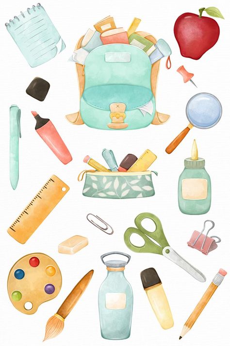 Watercolor School Supplies, Back To School Artwork, Back To School Presents For Kids, Back To School Party Invitations, Back To School Clipart Image, School Supplies Illustration, Stationary Clipart, Canva Clipart, Cartoon School Supplies