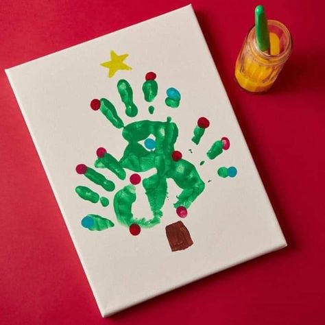 Baby Christmas Crafts, Handprint Christmas Tree, Christmas Tree Canvas, Handprint Christmas, December Crafts, Christmas Crafts For Toddlers, Preschool Christmas Crafts, Christmas Crafts For Kids To Make, Toddler Arts And Crafts