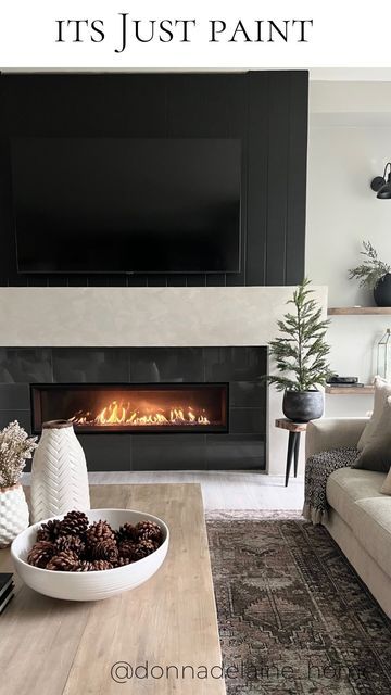 Dark Electric Fireplace Wall, Roman Clay Mantle, Black Fireplace Design, White Living Room Black Fireplace, Black Vertical Shiplap Fireplace, Linear Electric Fireplace Ideas, Fireplace Wall Black, White Fireplace Black Mantel, Roman Clay Fireplace With Mantel