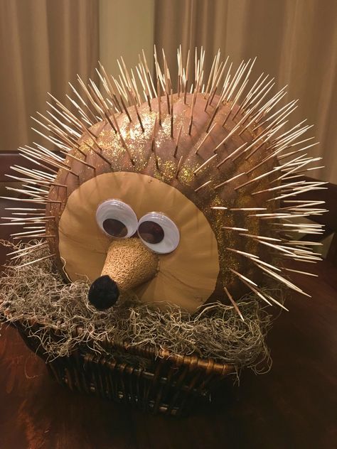 Pumpkin Contest Porcupine!  No carve decorating Contest  Winner! Used 300 toothpicks, styrofoam nose, paint, googly eyes. Porcupine Pumpkin Ideas, Styrofoam Pumpkin Decorating, Pumpkin Contest Winners No Carve, Pumpkin Contest No Carve, Porcupine Pumpkin Decorating, Pumpkin Contest Ideas No Carve Winners, Best Pumpkin Decorating Contest, Creative No Carve Pumpkin Ideas, Most Creative Pumpkin Decorating