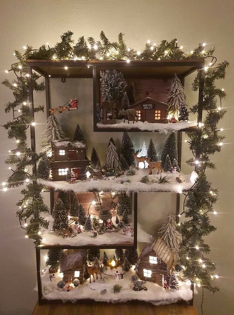 Diy Christmas Village Displays, Christmas Village Decorations, Christmas Tree Decorations Ribbon, Christmas Tree Village, Storing Christmas Decorations, Diy Christmas Village, Christmas Window Display, Christmas Village Display, Country Christmas Decorations