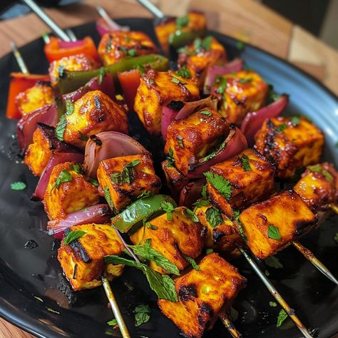 🌟 Spice up your evening with Indian Paneer Tikka! A vegetarian delight that's irresistibly tasty! #PaneerTikka 🍽️ Indian Paneer Tikka 🛒 Ingredients: Paneer: 500g, cubed Yogurt: 1 cup Ginger-garlic paste: 1 tbsp Red chili powder: 1 tsp Turmeric: 1/2 tsp Garam masala: 1 tsp Lemon juice: 2 tbsp Salt: to taste Oil: for brushing Onion, bell peppers, diced 👩‍🍳 Instructions: Marinate: Combine yogurt, spices, lemon juice, and salt. Add paneer and vegetables. Refrigerate 2 hours. Grill: Thread on ... Spicy Treats, Food Celebration, Tikka Recipe, Twisted Recipes, Skewers Grill, Paneer Tikka, Veggie Delight, Trending Recipes, Red Chili Powder