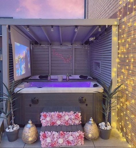 Diy Patio Garden, Light Grey Paint, Blush Pink Paint, Tub Accessories, Backyard Spa, Hot Tub Room, Hot Tub Patio, Dark Grey Paint, Hot Tub Accessories