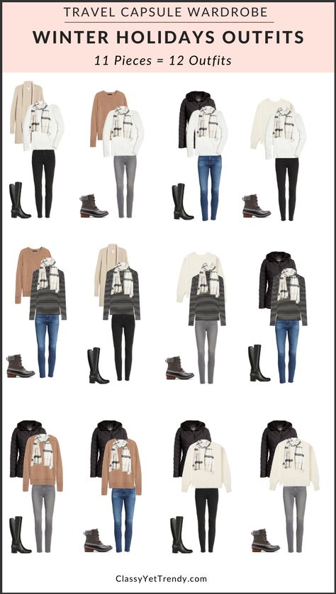 Winter Holidays Travel Capsule Wardrobe: 11 Pieces = 12 Outfits - Classy Yet Trendy Winter Capsule Wardrobe Travel, Winter Travel Wardrobe, Winter Travel Packing, Travel Capsule Wardrobe Summer, Winter Holiday Outfits, Trip Fashion, Holiday Capsule Wardrobe, Fall Travel Outfit, Classy Yet Trendy