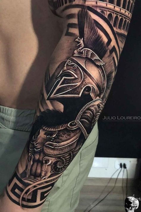 Cartoon Forearm Tattoo Men, Spartan Tattoo Forearm, 300 Spartans Tattoo Ideas, Zeus Tattoos, Baby Tattoo For Dads, Spartan Warrior Tattoo, Sparta Tattoo, Hercules Tattoo, Forearm Cover Up Tattoos