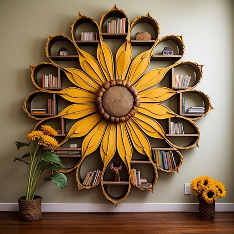 Sunflower Bookshelf - I Love Sunflowers Casa Fantasy, Interior Design Your Home, Desain Furnitur Modern, Bookcase Decor, Home Library Design, Art Decor Diy, Diy Outdoor Decor, Craft Room Decor, House Furniture Design