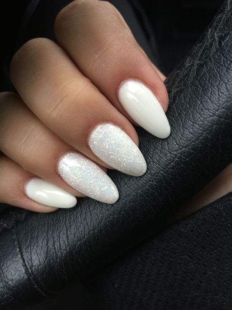 White And Silver Nails Acrylic Almond, White Nails With Glitter Almond Shape, Prom Nails White And Silver Almond, White Bridal Nails Sparkle, Glittery White Nails Acrylic, White Oval Nails With Glitter, Nails Acrylic White Sparkle, Frosted White Nail Designs, Winter White And Silver Nails