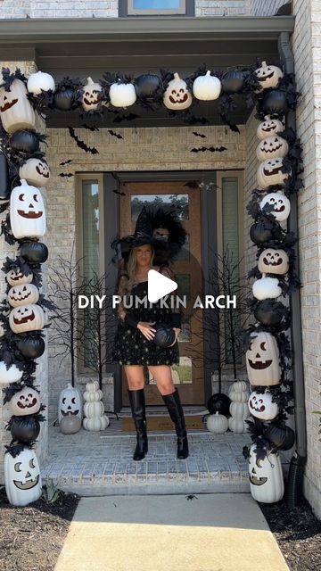 Kristin Miller | Creator | Dallas, TX on Instagram: "DIY Pumpkin Arch for Halloween🎃Comment “tutorial” to get links you need to make this sent directly to your DMs! Details below on how we built our halloween pumpkin arch for our porch this year! Follow along to see how I update the arch this year + head to @malloryleerichardson page to see how she styled hers! Share & share with a halloween-loving friend✨  Supplies for the arch: * (3) 10 ft. 1-inch PVC pipes * (2) PVC elbows to secure the PVC together * (2) 4-ft. rebar * zipties   Paint colors used: * French beige, Rust-Oleum * Semi-gloss white, Rust-Oleum  Once your frame is built and secure, drill 2 holes in the back of each pumpkin. Thread your ziptie through and secure them to your PVC pipe. Add your garland and lights! Inspo: @steph Pvc Pipe Arch Diy, Halloween Arch Diy, Pool Noodle Halloween Arch, Diy Halloween Arch, Diy Halloween Pillars, Diy Pumpkin Arch, Halloween Archway Diy, Pvc Pumpkin, Pool Noodle Halloween