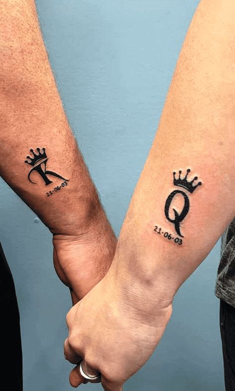 Couple Tattoo King And Queen, Couple Tattoos King And Queen, Small Husband And Wife Tattoos, Matching Husband And Wife Tattoos, Husband And Wife Tattoos Unique, Queen Tattoo Ideas, King And Queen Tattoo, Symmetrical Tattoos, King Queen Tattoo