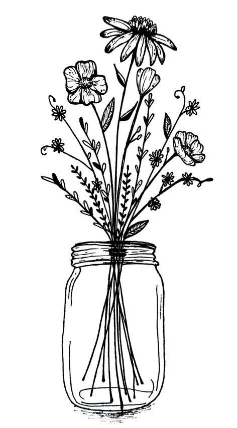 Drawing of Wildflowers inside a clear mason jar Mason Jar Tattoo, Wildflower Drawing, Sharpie Drawings, Markers Drawing Ideas, Pen And Ink Drawings, Freehand Drawing, Wildflower Tattoo, Fine Point Pens, Lino Art