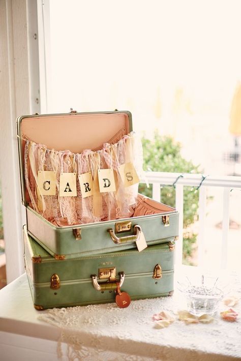 wedding cards suitcase cards holder  #weddings #vintageweddings #weddingideas #weddinginspiration Wedding Card Suitcase, Vintage Suitcase Wedding, Travel Theme Bridal Shower, Travel Bridal Showers, Chic Bridal Showers, Yosemite Wedding, Vintage Bridal Shower, Wedding Card Holder, Vintage Suitcases